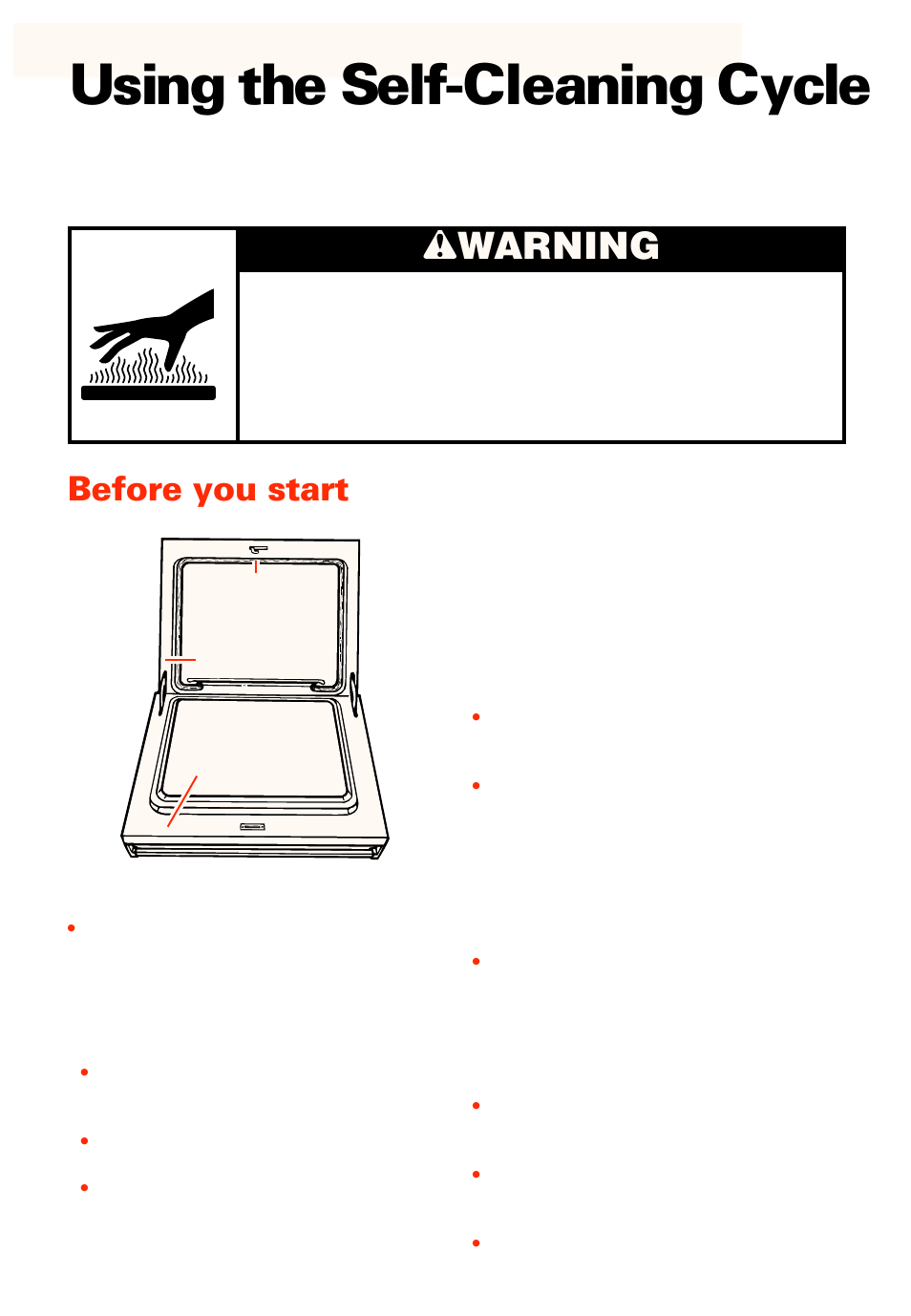 Using the self-cleaning cycle, Before you start, Wwarning | Whirlpool RBS277PD User Manual | Page 36 / 52