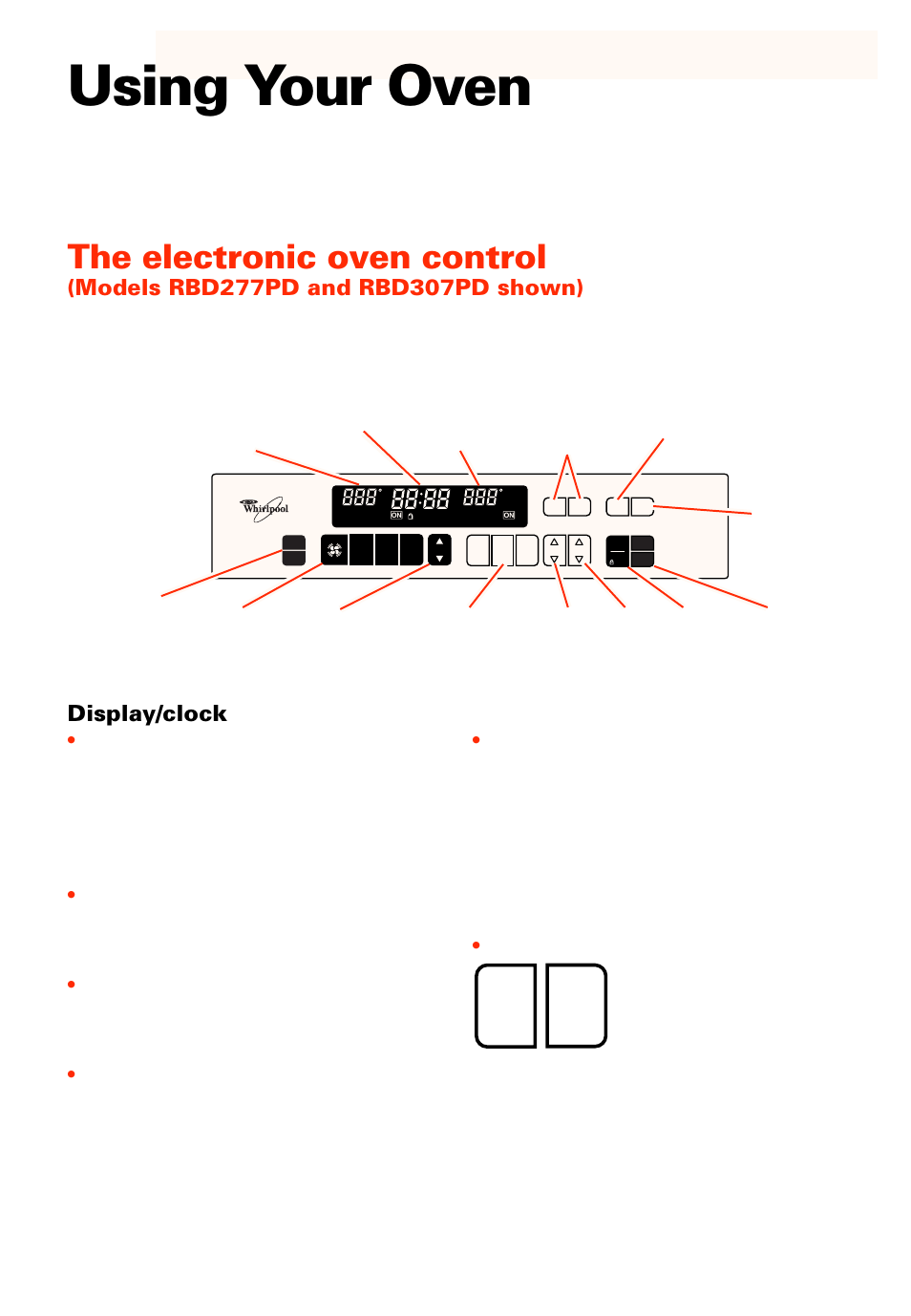 Using your oven, The electronic oven control, Display/clock | Stop time cook time | Whirlpool RBS277PD User Manual | Page 7 / 52