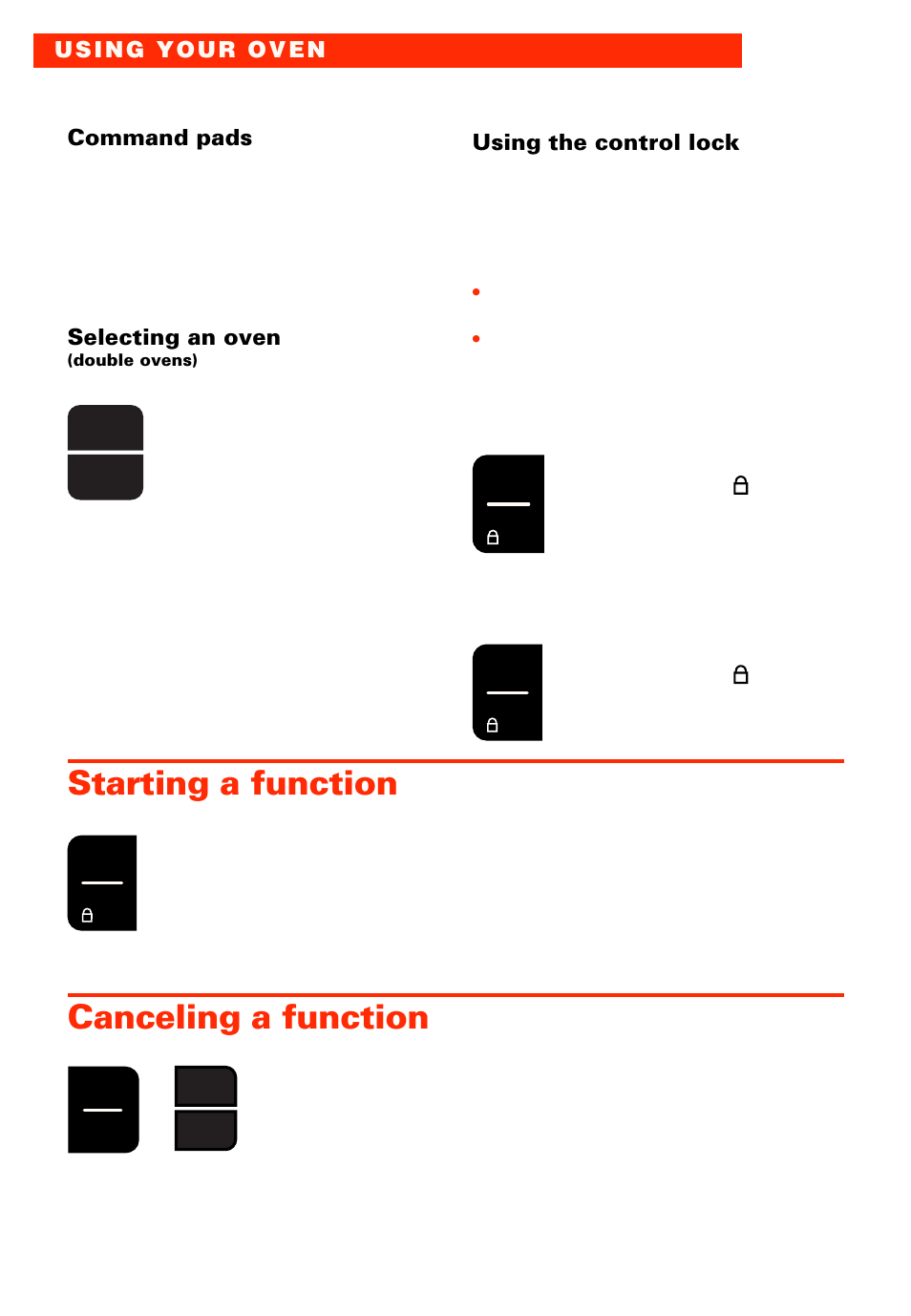 Starting a function, Canceling a function, Command pads | Selecting an oven | Whirlpool RBS277PD User Manual | Page 8 / 52