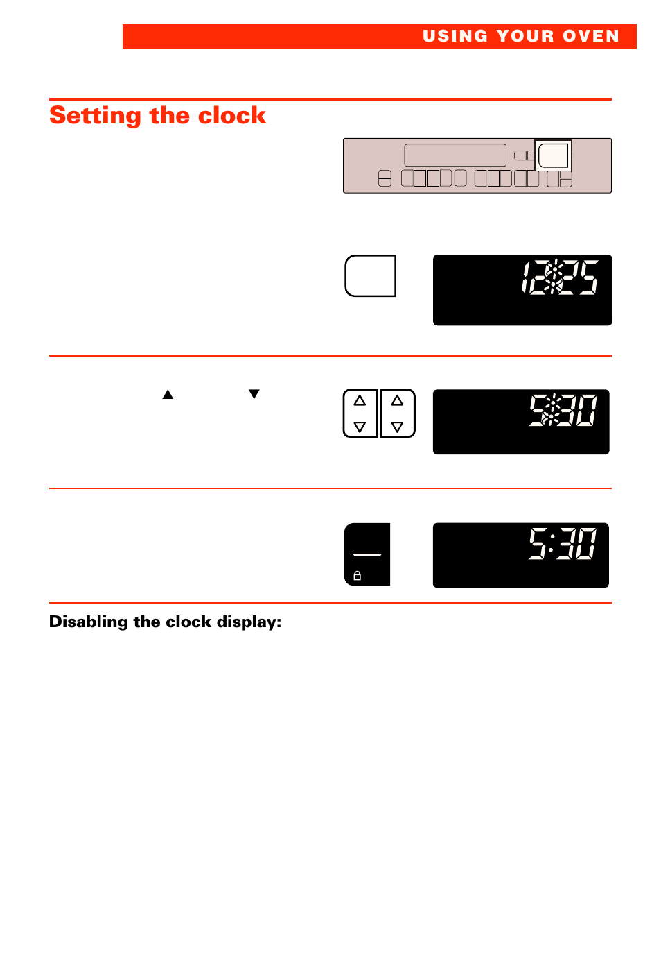 Setting the clock, Press clock pad. 2. set time, Start clock. disabling the clock display | Press you see, Last time of day remembered) clock, Example for 5:30), Start | Whirlpool RBS277PD User Manual | Page 9 / 52