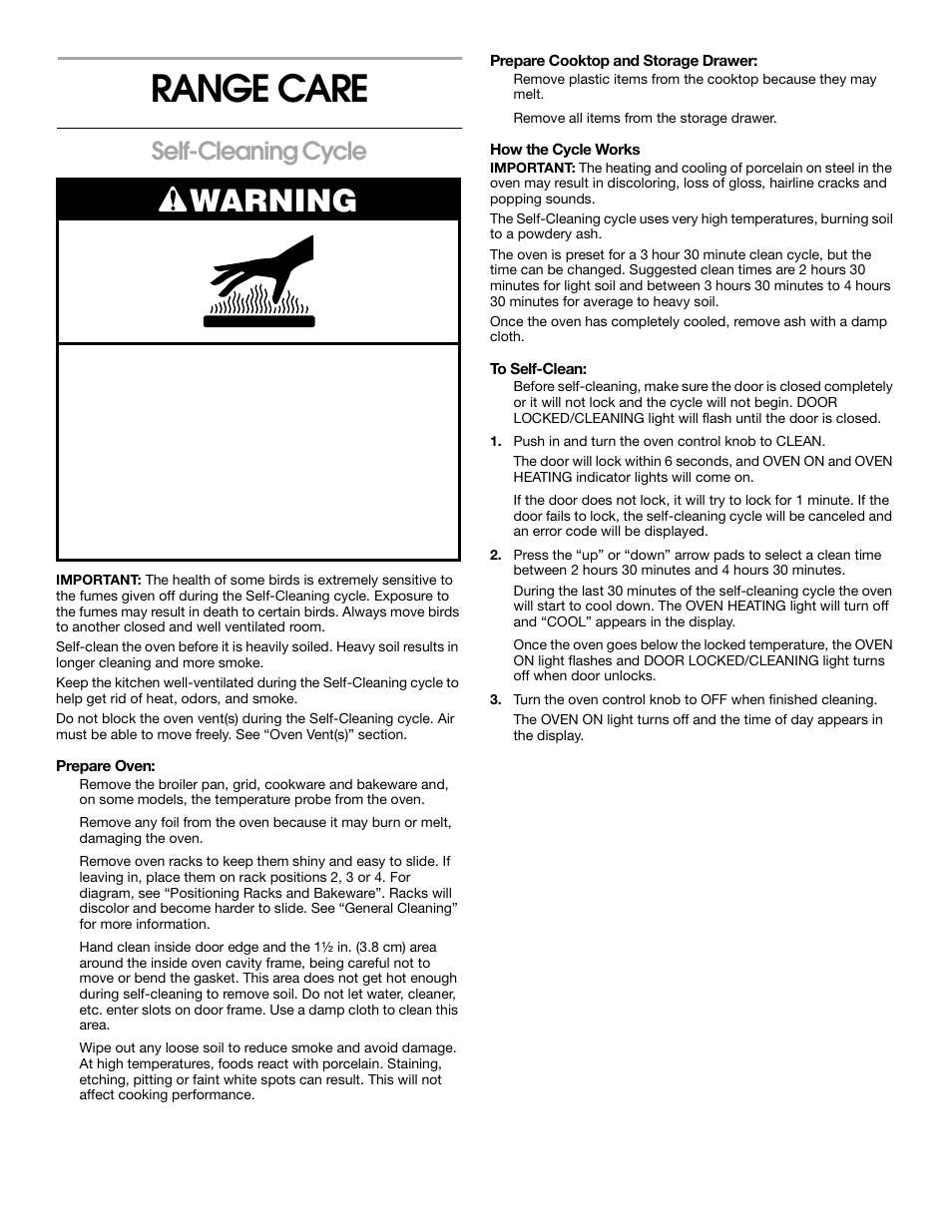 Range care, Warning, Self-cleaning cycle | Whirlpool 8522407 User Manual | Page 11 / 16
