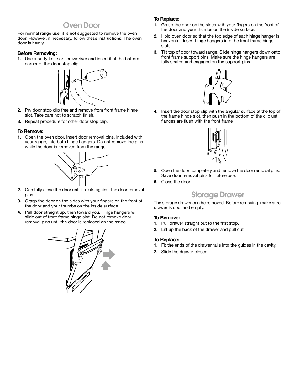 Oven door, Storage drawer | Whirlpool 8522407 User Manual | Page 13 / 16
