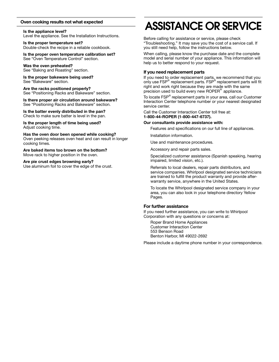 Assistance or service | Whirlpool 8522407 User Manual | Page 15 / 16