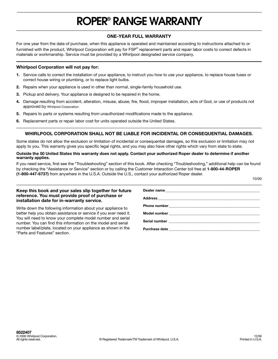 Warranty, Roper, Range warranty | Whirlpool 8522407 User Manual | Page 16 / 16