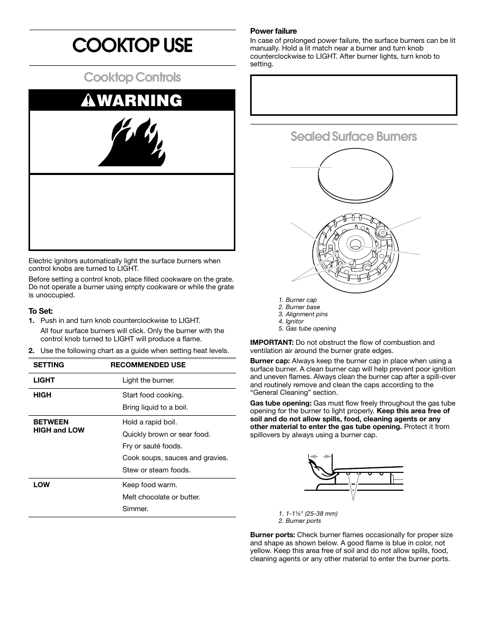 Cooktop use, Warning, Cooktop controls | Sealed surface burners | Whirlpool 8522407 User Manual | Page 6 / 16