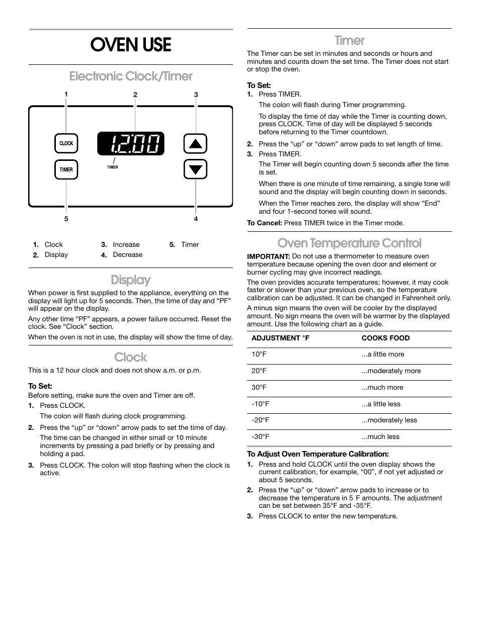 Oven use, Electronic clock/timer display, Clock | Timer, Oven temperature control | Whirlpool 8522407 User Manual | Page 8 / 16