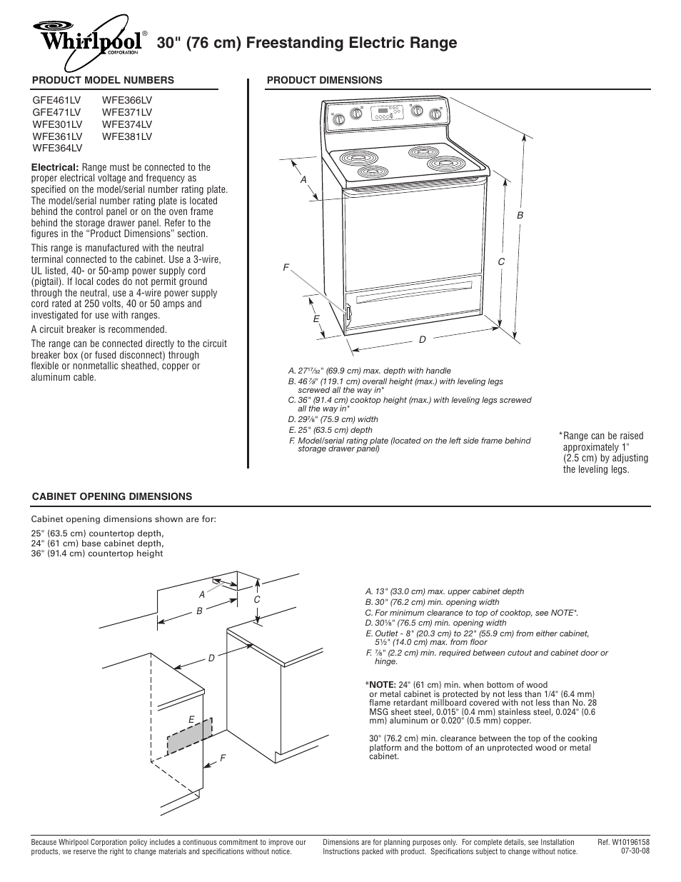 Whirlpool GFE471LV User Manual | 1 page