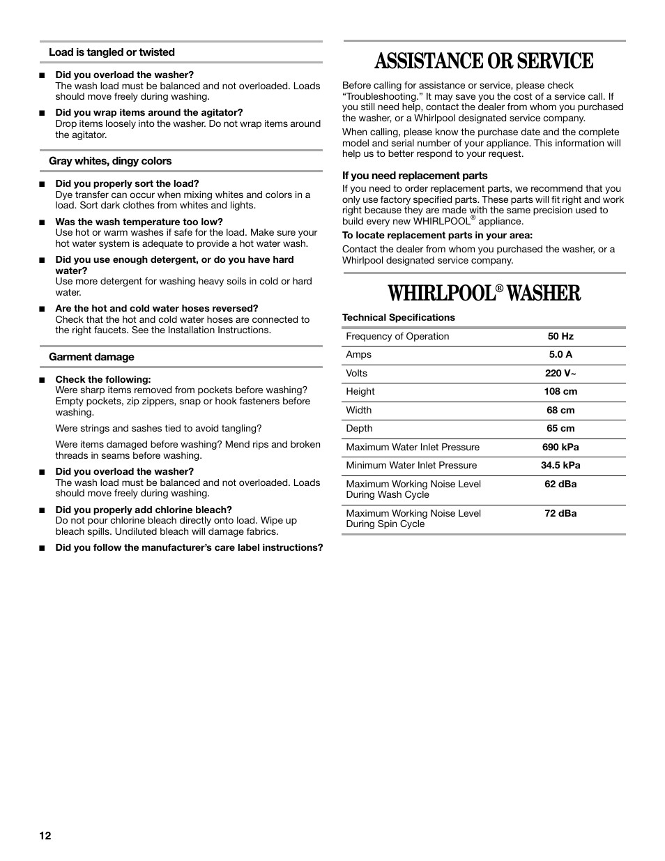 Assistance or service, Whirlpool, Washer | Whirlpool Compact Washe User Manual | Page 12 / 24