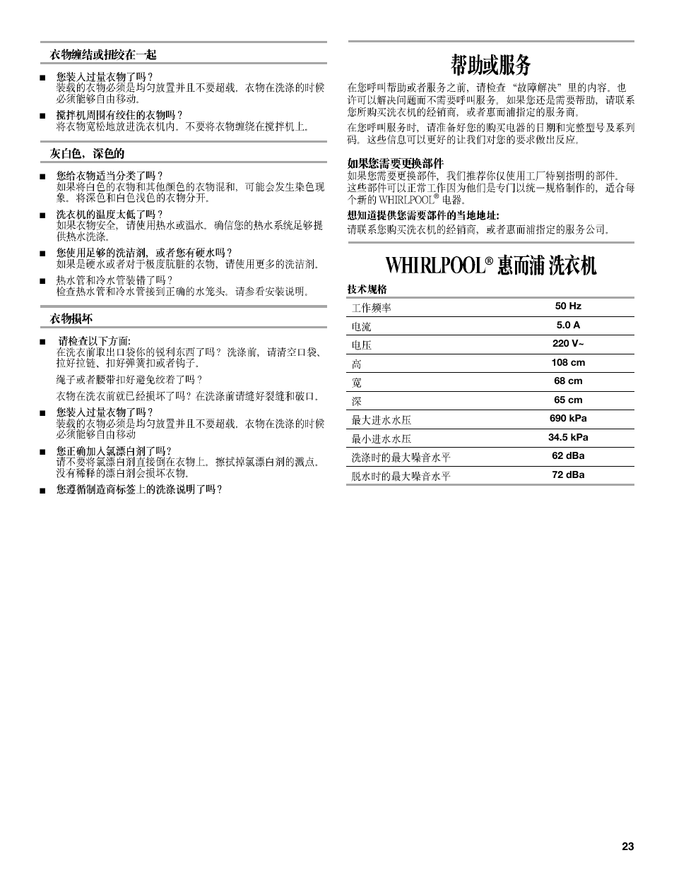 Whirlpool Compact Washe User Manual | Page 23 / 24