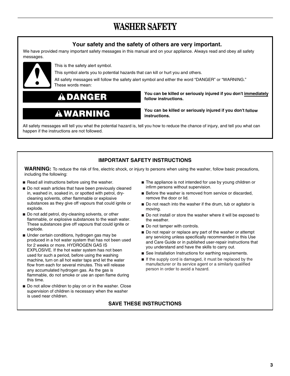 Washer safety, Danger warning | Whirlpool Compact Washe User Manual | Page 3 / 24
