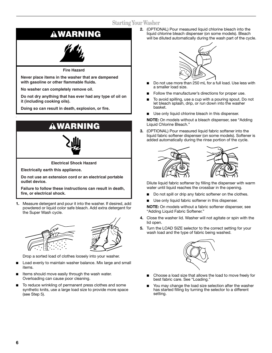 Warning, Starting your washer | Whirlpool Compact Washe User Manual | Page 6 / 24