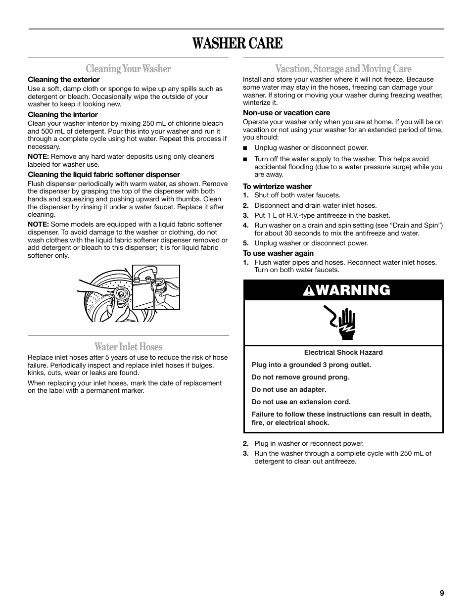 Washer care, Warning, Cleaning your washer | Water inlet hoses, Vacation, storage and moving care | Whirlpool Compact Washe User Manual | Page 9 / 24