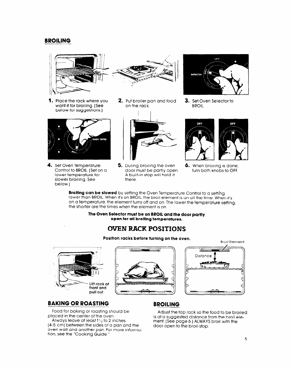 Broiling, Baking or roasting, Oven rack positions | Whirlpool RB26OOXK User Manual | Page 5 / 16