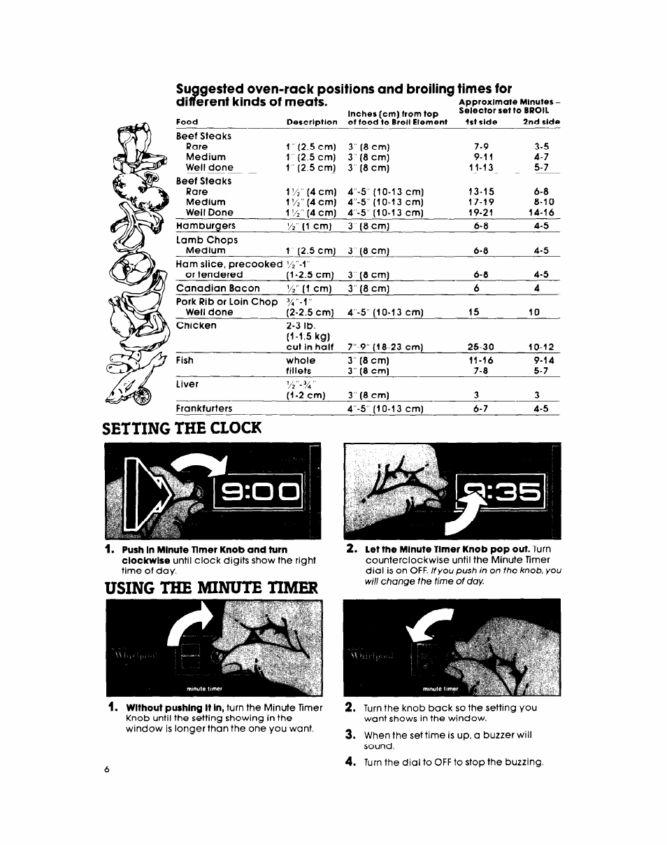 Di^rent kinds of meats. approximate minutes, Setting the clock, Using the minute timer | Whirlpool RB26OOXK User Manual | Page 6 / 16