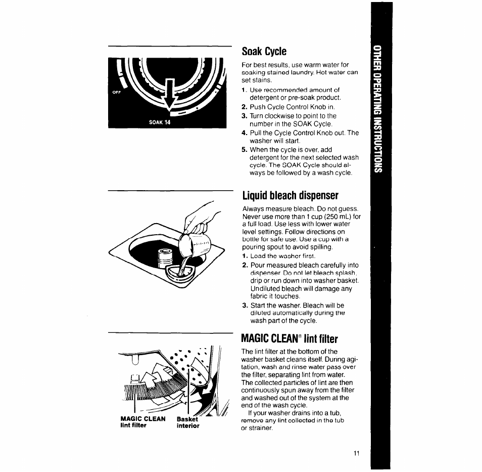 Soak cycle, Liquid bleach dispenser, Magic clean’lint filler | Whirlpool 6LA58OOXT User Manual | Page 11 / 16