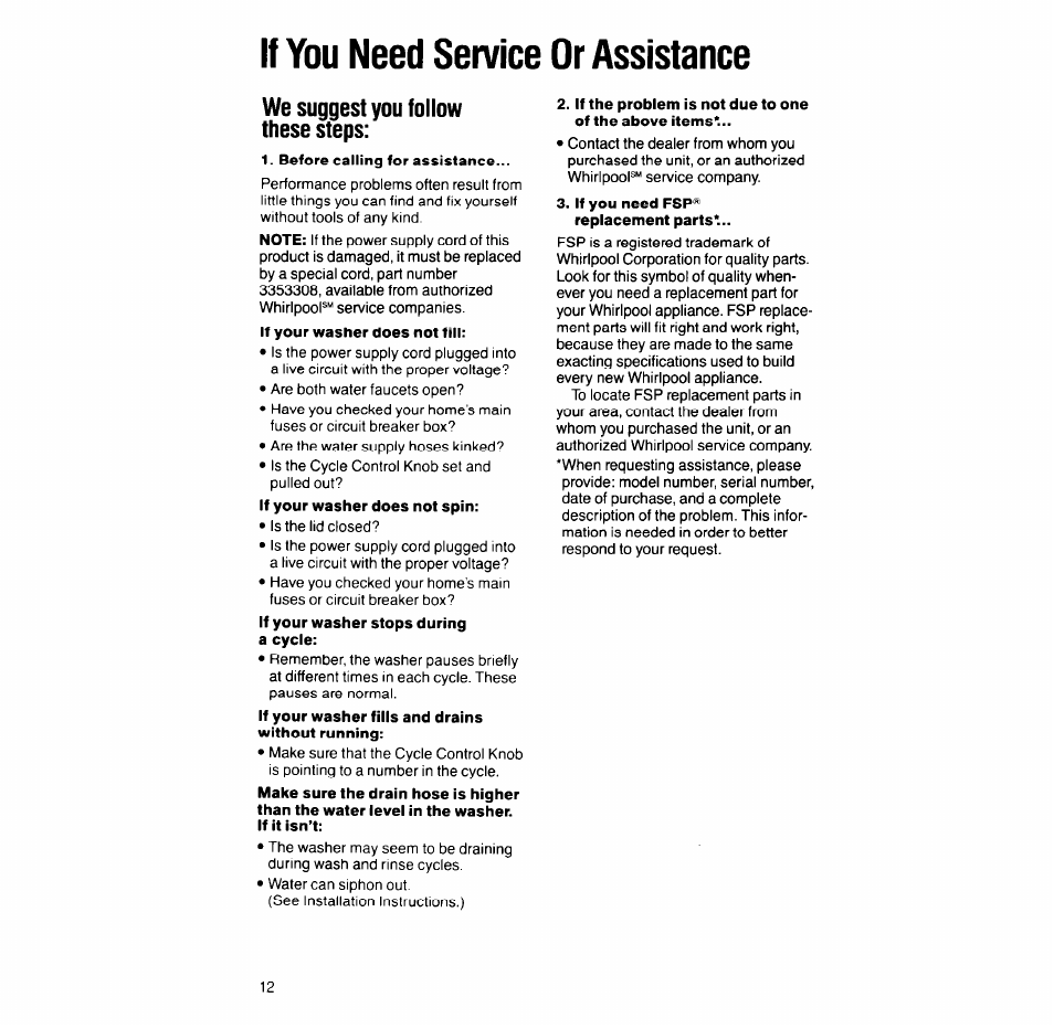 If you need service or assistance, We suggest you follow these steps, If you need fsp® replacement parts | Whirlpool 6LA58OOXT User Manual | Page 12 / 16