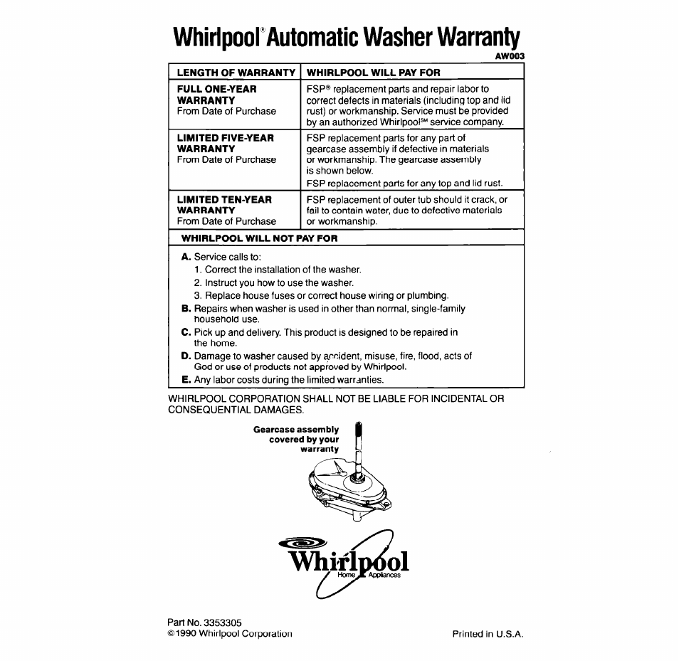 Whiripool automatic washer warranty, Whirldwl | Whirlpool 6LA58OOXT User Manual | Page 16 / 16