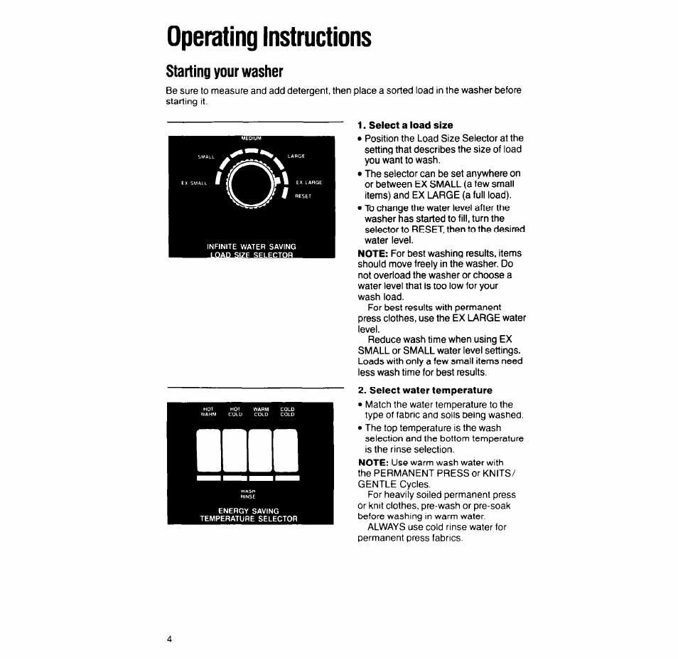 Operating instructions, Starting your washer, Select a load size | Select water temperature, Starting your washer -5 | Whirlpool 6LA58OOXT User Manual | Page 4 / 16