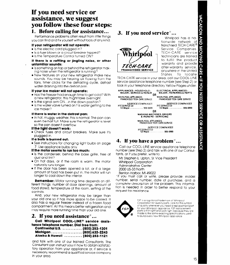Before cauing for assistance, If you need assistance, If you need service | If you have a problem, Whirlpool, Rfg^-ga | Whirlpool ED19EK User Manual | Page 15 / 16