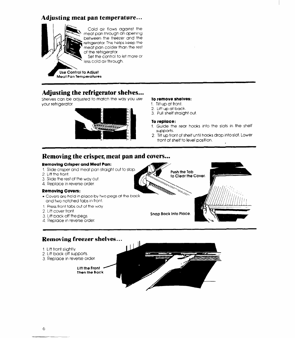 Adjusting meat pan temperature, Adjusting the refrigerator shelves, To remove shelves | To replace, Removing the erisper, meat pan and eovers, Removing freezer shelves, Ii i | Whirlpool ED19EK User Manual | Page 6 / 16