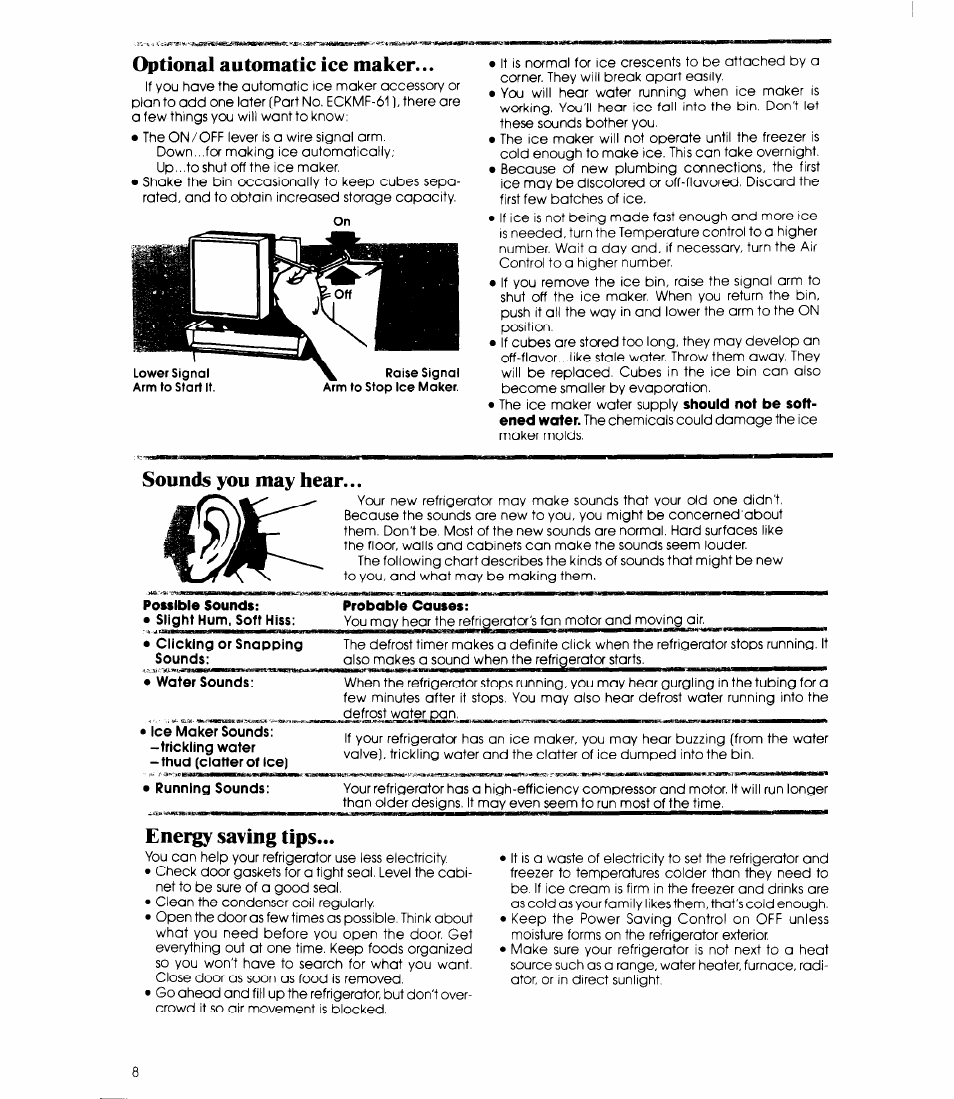 Optional automatic ice maker, Sounds you may hear, Possible sounds | Probable causes, Energy saving tips | Whirlpool ED19EK User Manual | Page 8 / 16