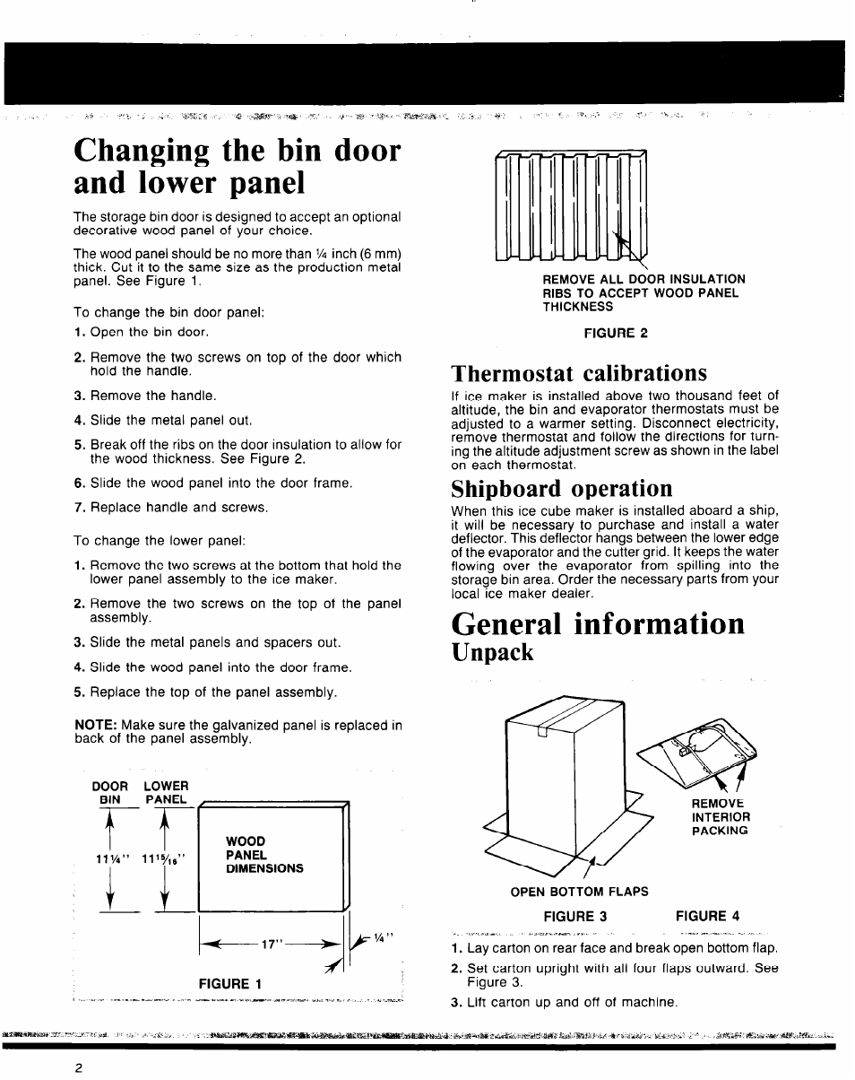 Thermostat calibrations, Shipboard operation, Unpack | Figure 3, Changing the bin door and lower panel, General information | Whirlpool 50 User Manual | Page 2 / 8