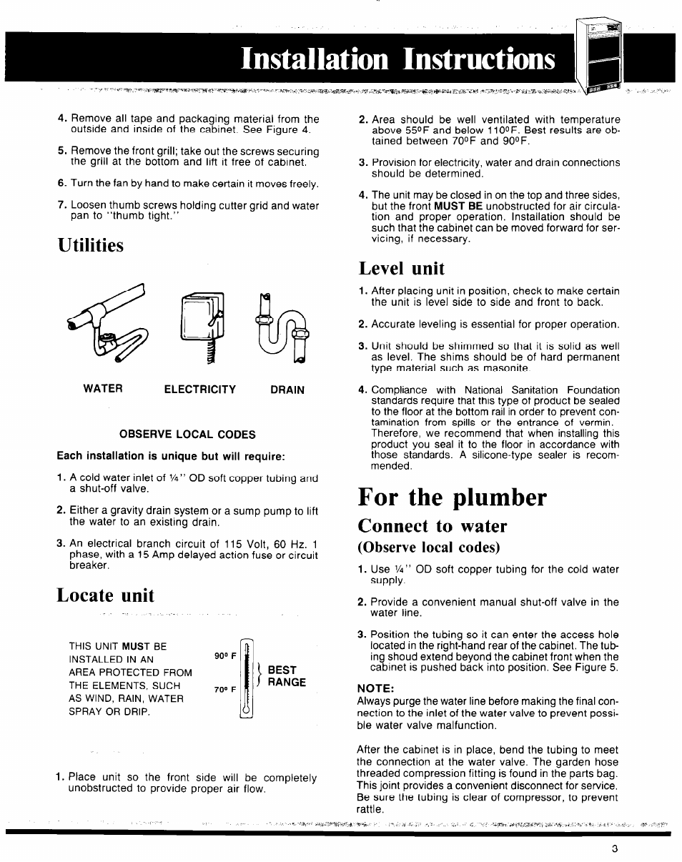 Utilities, Electricity, Observe local codes | Locate unit, Level unit, Connect to water, Installation instructions, For the plumber, Observe local codes) | Whirlpool 50 User Manual | Page 3 / 8