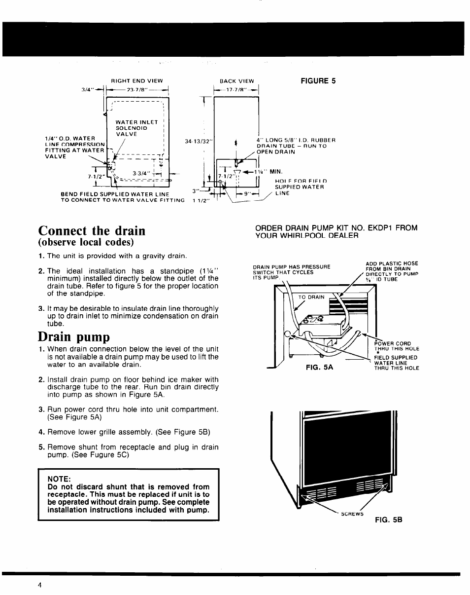 Connect the drain, Drain pump, Observe local codes) | Whirlpool 50 User Manual | Page 4 / 8