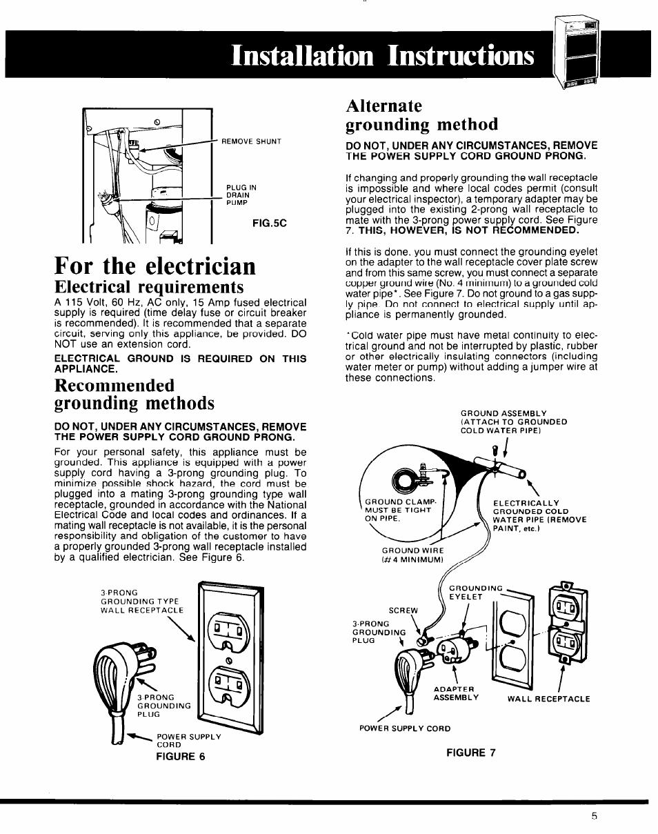 Electrical requirements, Electrical ground is required on this appliance, Recommended grounding methods | Alternate grounding method, Installation instructions, For the electrician | Whirlpool 50 User Manual | Page 5 / 8