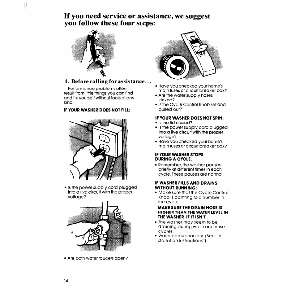 If your washer does not spin, If your washer stops, During a cycle | If washer fills and drains, Without running, Before calling for assistance | Whirlpool LA5550XP User Manual | Page 14 / 16