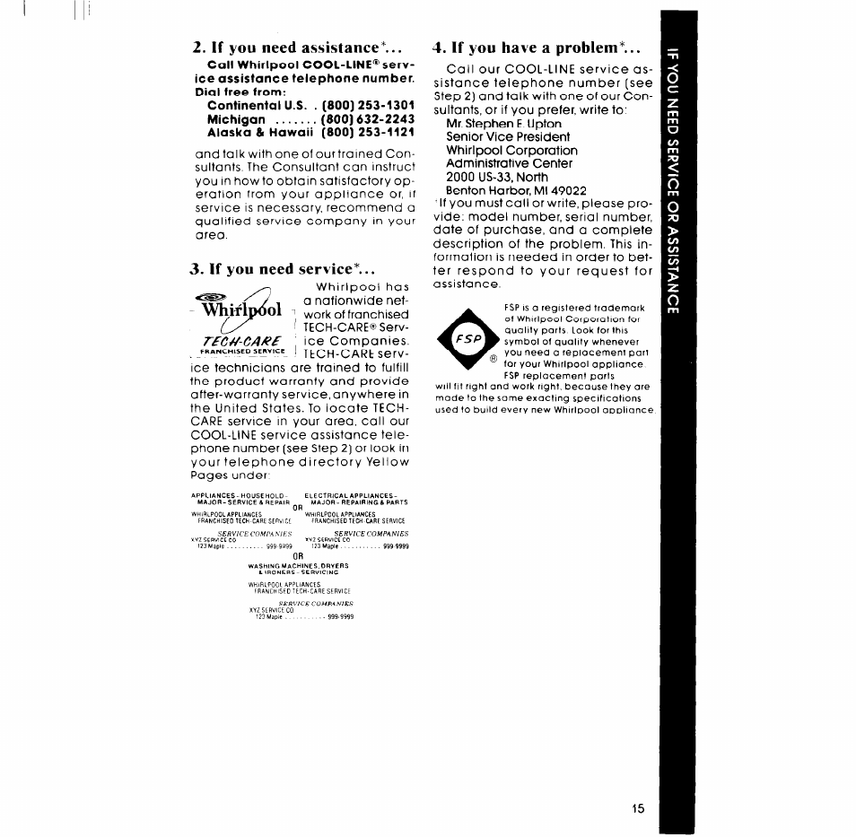 Whiflptiol, If you need assistance, If you need service | If you have a problem, Whirlpool | Whirlpool LA5550XP User Manual | Page 15 / 16