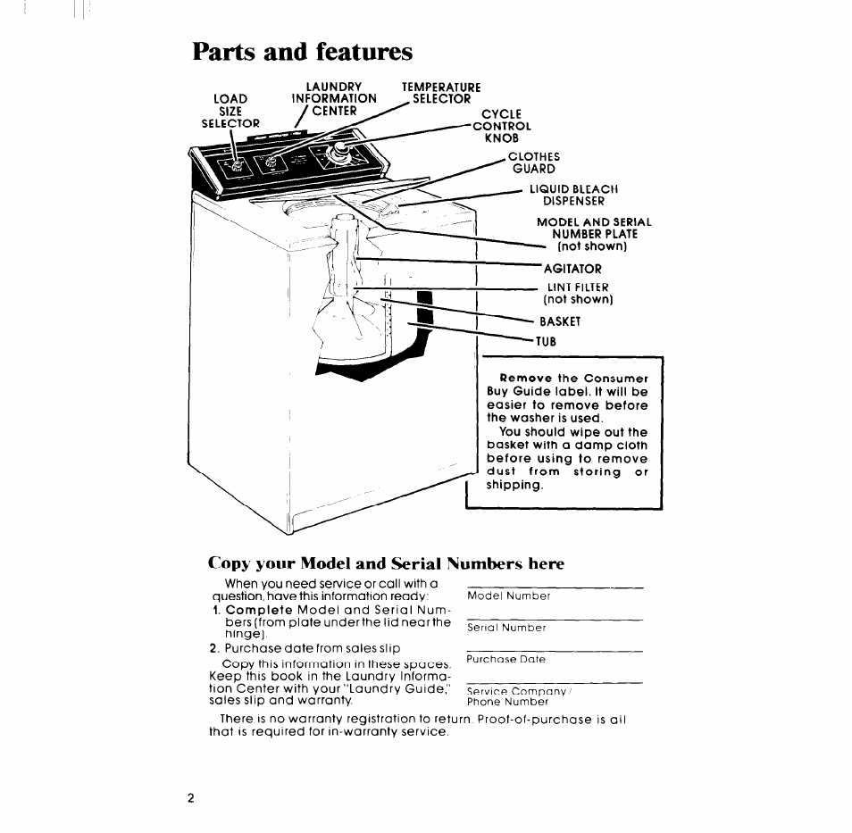 Parts and features, Copy your model and serial numbers here | Whirlpool LA5550XP User Manual | Page 2 / 16