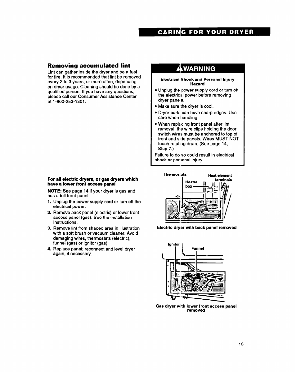 For all electric dryers, or gas dryers which, Removing accumulated lint, Warning | Whirlpool 3396311 User Manual | Page 13 / 23