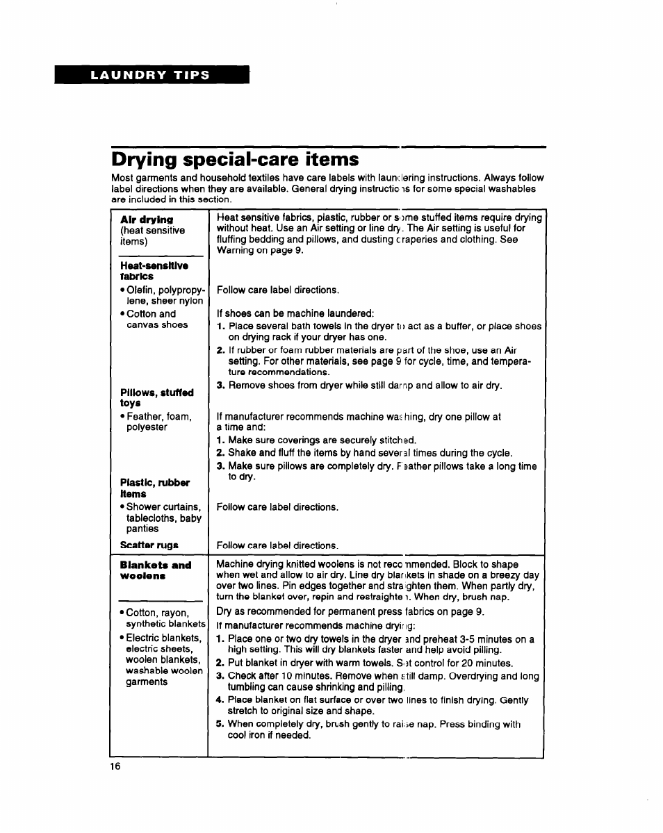 Drying special-care items, Heat-sensitive, Pillows, stuffed toys | Plastic, rubber items | Whirlpool 3396311 User Manual | Page 16 / 23