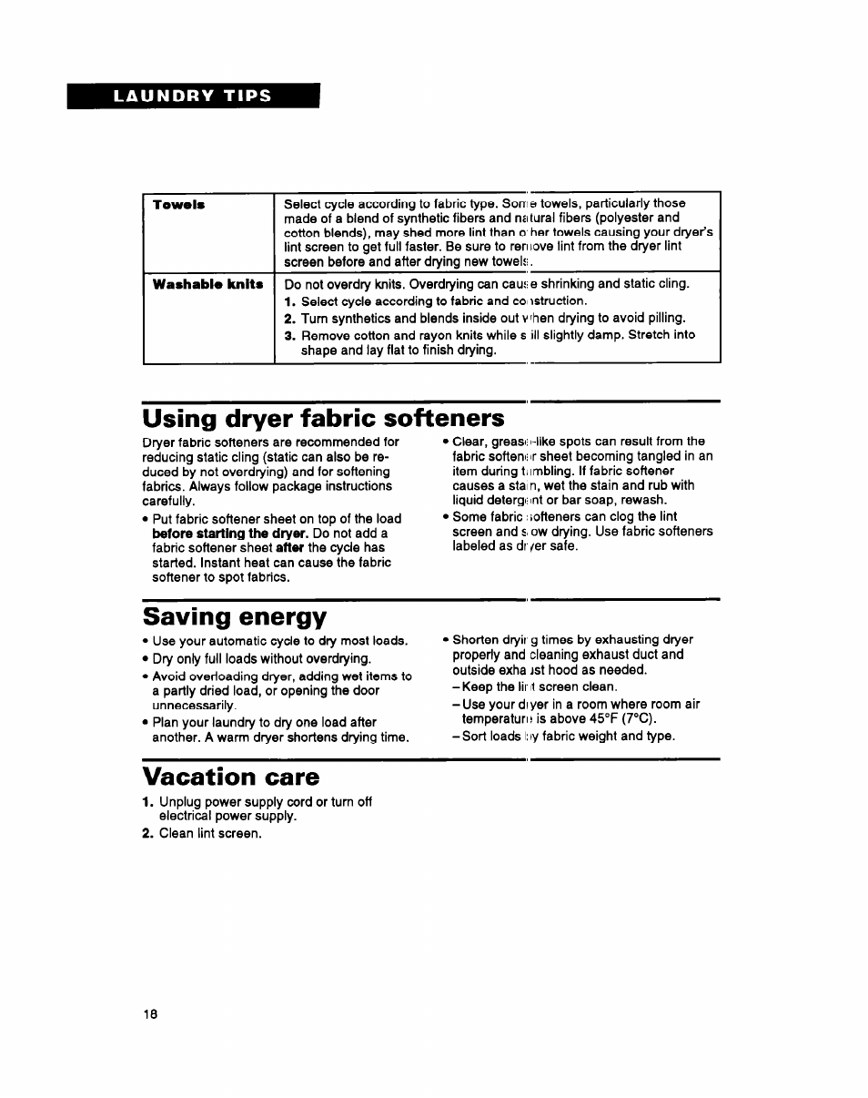 Using dryer fabric softeners, Saving energy, Vacation care | Whirlpool 3396311 User Manual | Page 18 / 23