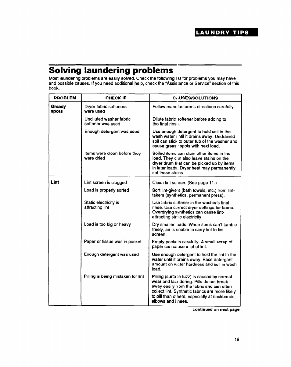 Solving laundering problems | Whirlpool 3396311 User Manual | Page 19 / 23