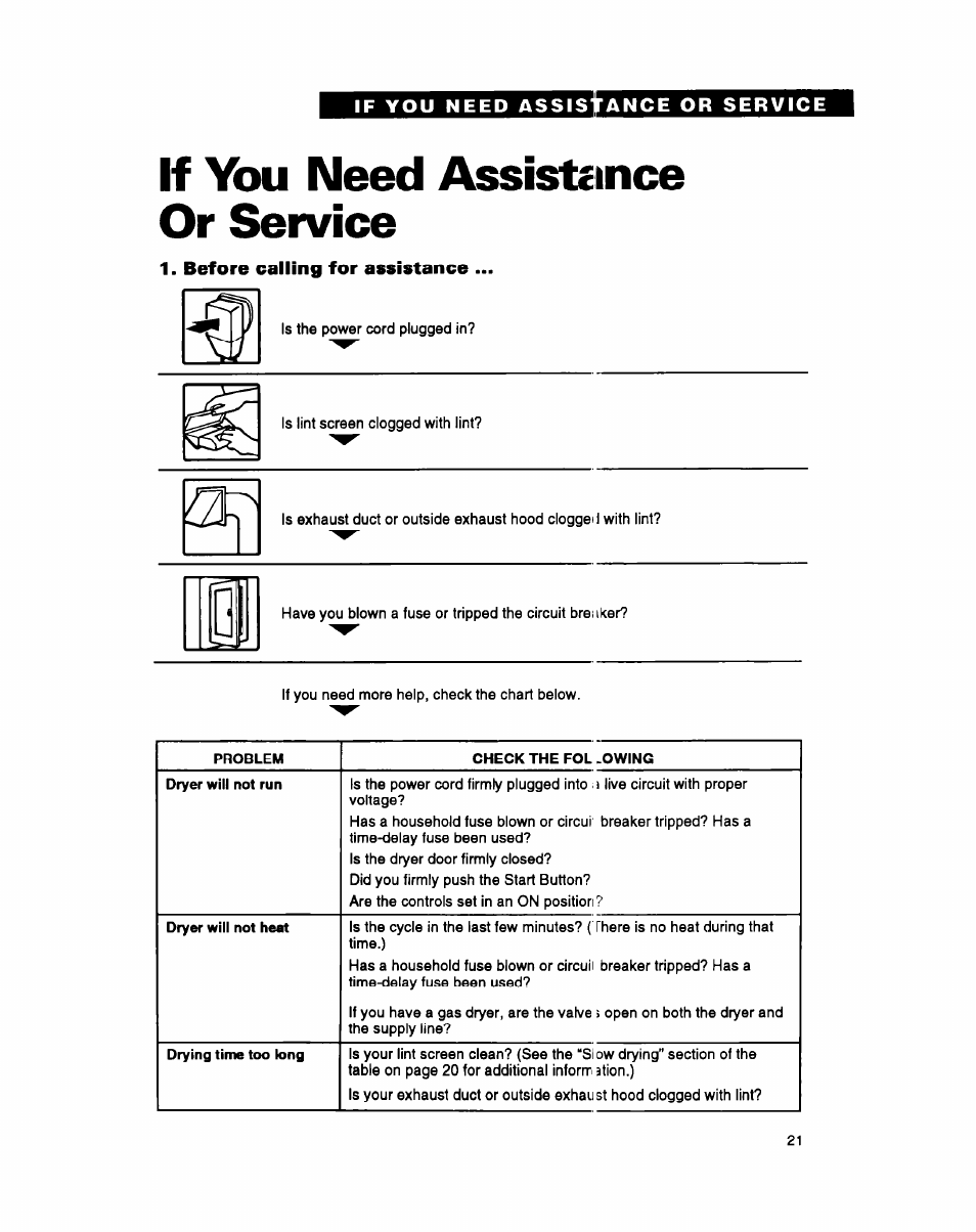 If you need assistcince or service, Before calling for assistance | Whirlpool 3396311 User Manual | Page 21 / 23