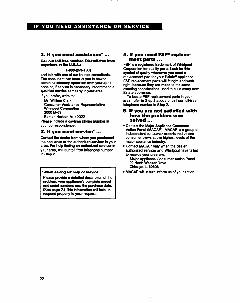 If you need assistance, If you need service, If you need fsp* replece- ment parts | Whirlpool 3396311 User Manual | Page 22 / 23