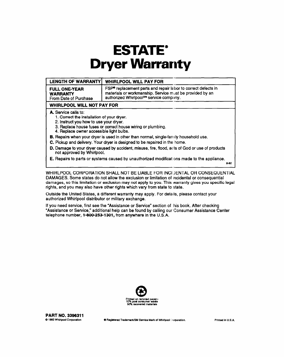Estate* dryer warranty, Length of warranty, Whirlpool will pay for | Full one-year warrarrty, Whirlpool will not pay for, Part no. 3396311 | Whirlpool 3396311 User Manual | Page 23 / 23
