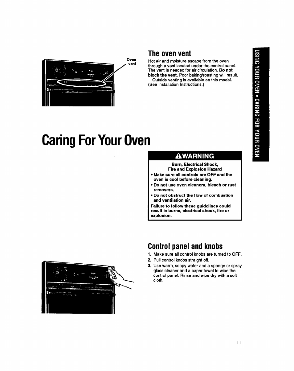 Caring for your oven, The oven vent, Control panel and knobs | Whirlpool SBl3OPER User Manual | Page 11 / 20