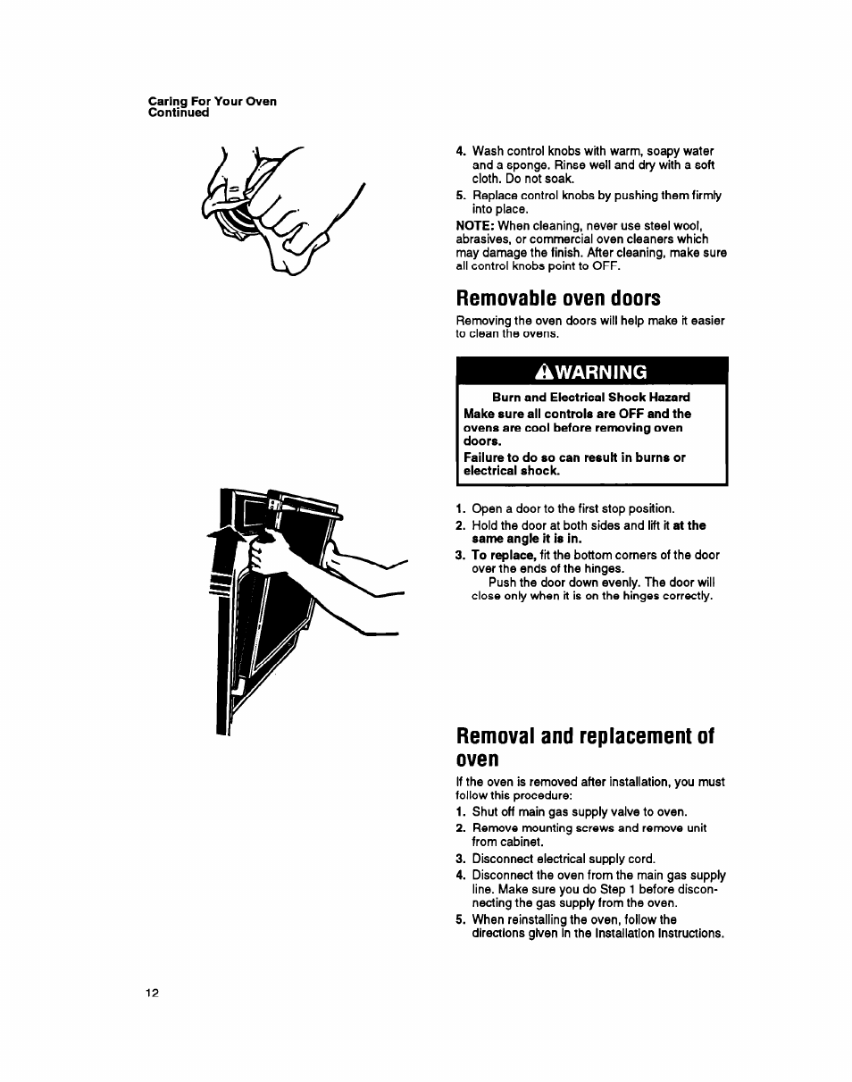 Removable oven doors, Removal and replacement of oven, Warning | Whirlpool SBl3OPER User Manual | Page 12 / 20