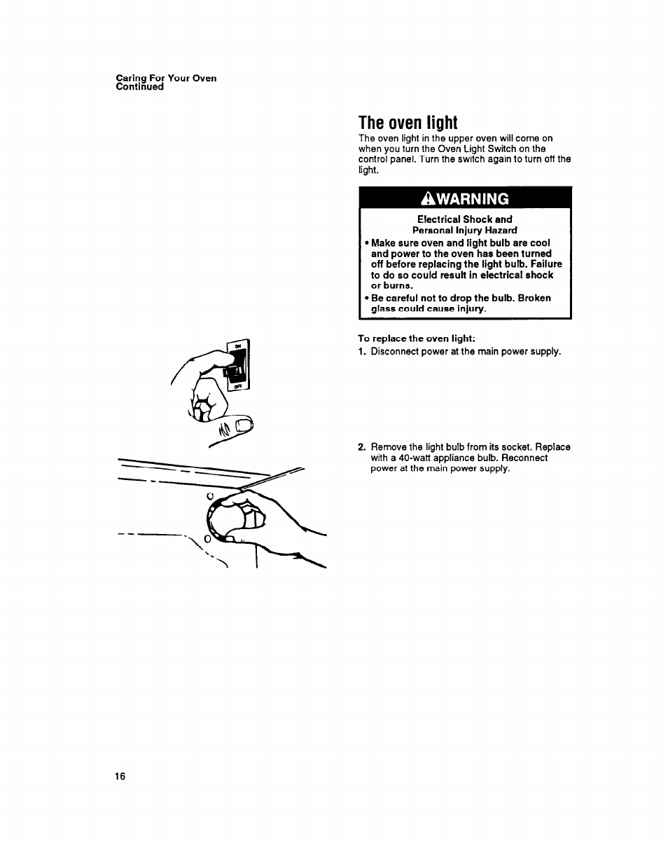 The oven light, Warning | Whirlpool SBl3OPER User Manual | Page 16 / 20