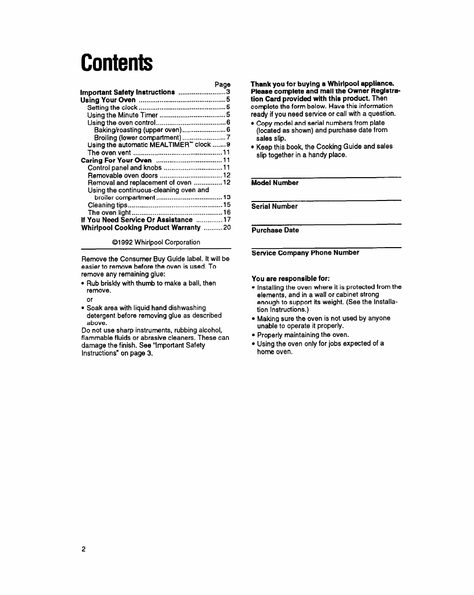 Whirlpool SBl3OPER User Manual | Page 2 / 20