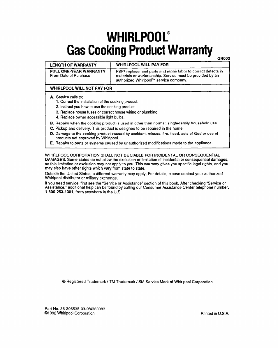 Whirlpool, Gas cooking product warranty, Whiripooi cooking product warranty | Whirlpool’ gas cooking product warranty | Whirlpool SBl3OPER User Manual | Page 20 / 20