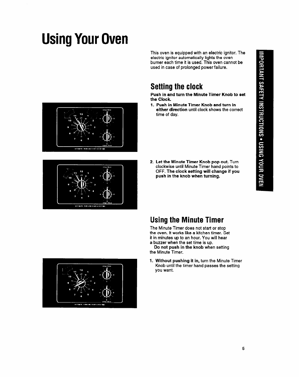 Using your oven, Setting the clock, Using the minute tinier | Whirlpool SBl3OPER User Manual | Page 5 / 20