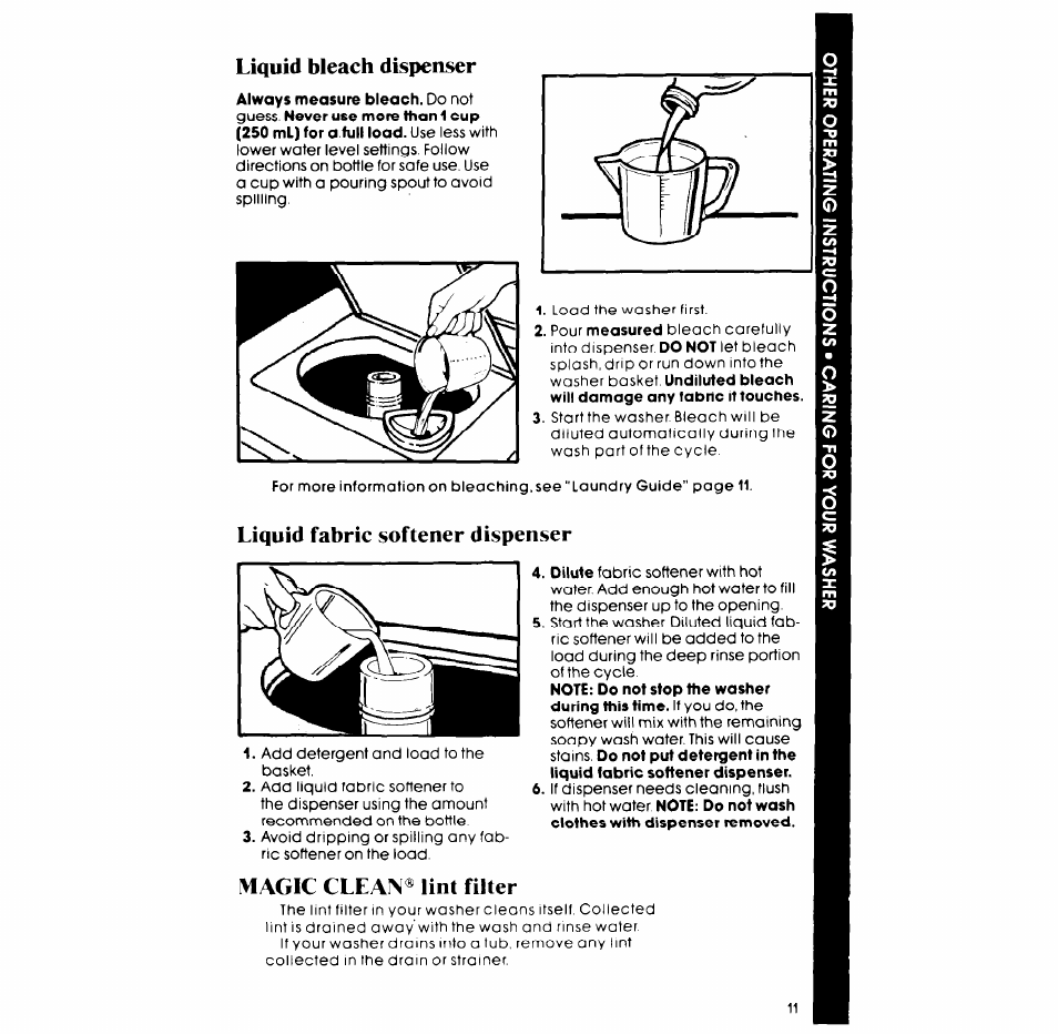 Liquid bleach dispenser, Liquid fabric softener dispenser, Magic clean® lint filter | Whirlpool LA7700XP User Manual | Page 11 / 16