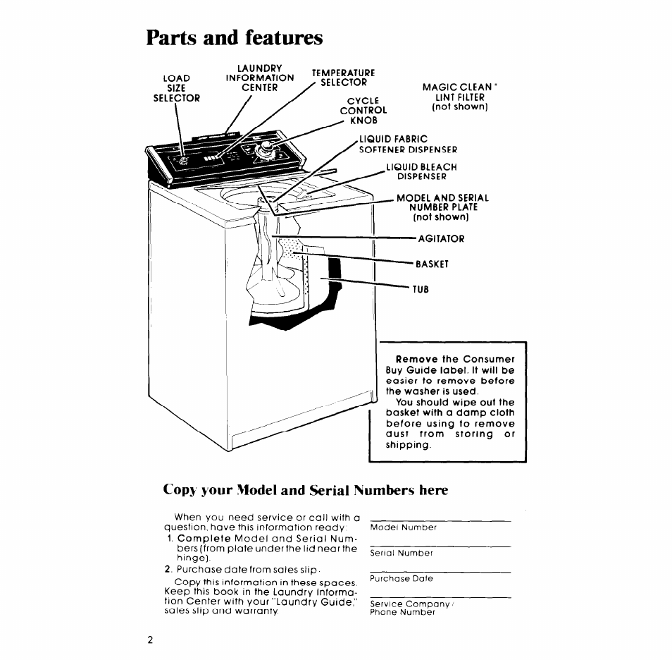 Copy your model and serial numbers here, Parts and features | Whirlpool LA7700XP User Manual | Page 2 / 16