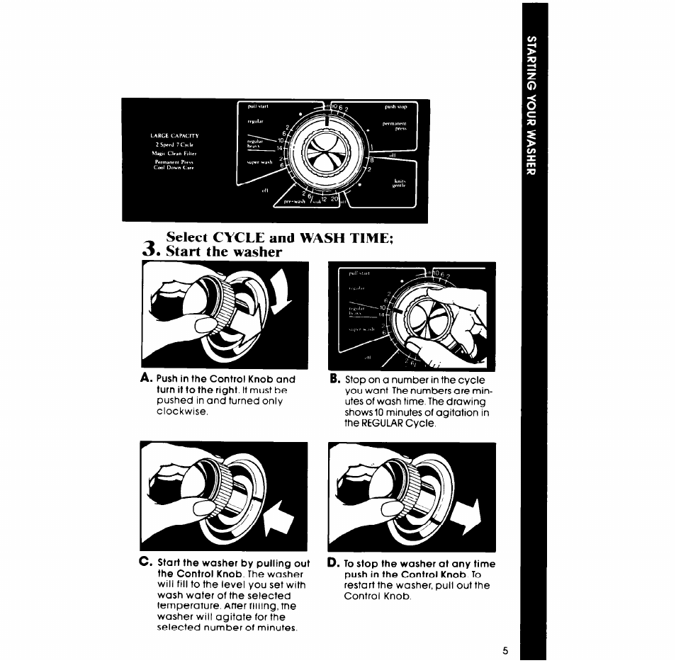 Select cycle and wash time; •5. start the washer | Whirlpool LA7700XP User Manual | Page 5 / 16