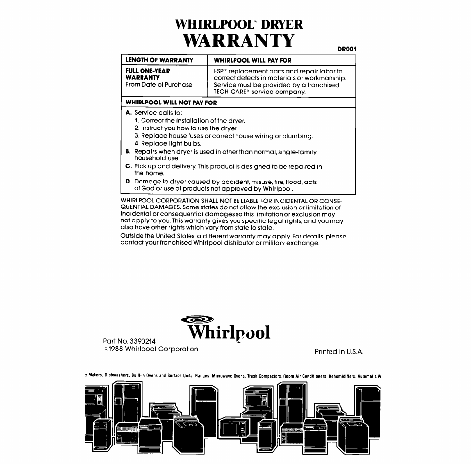 Warranty, Whirlpool' drver, Whirlpool | Whirlpool 3LE5710XM User Manual | Page 12 / 12