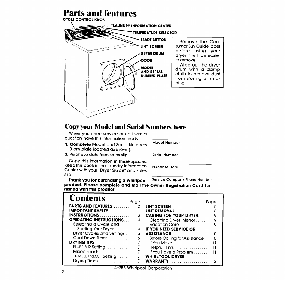 Copy your model and serial numbers here, Parts and features | Whirlpool 3LE5710XM User Manual | Page 2 / 12